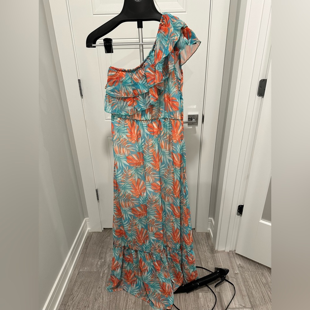 One shoulder tropical maxi dress